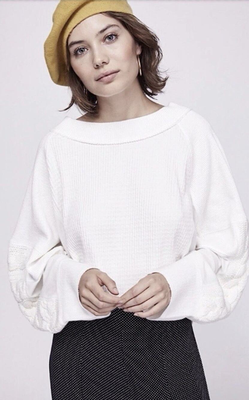 Free People Josie Solid Swit Thermal Top Small Ivory Off Shoulder Cable Knit